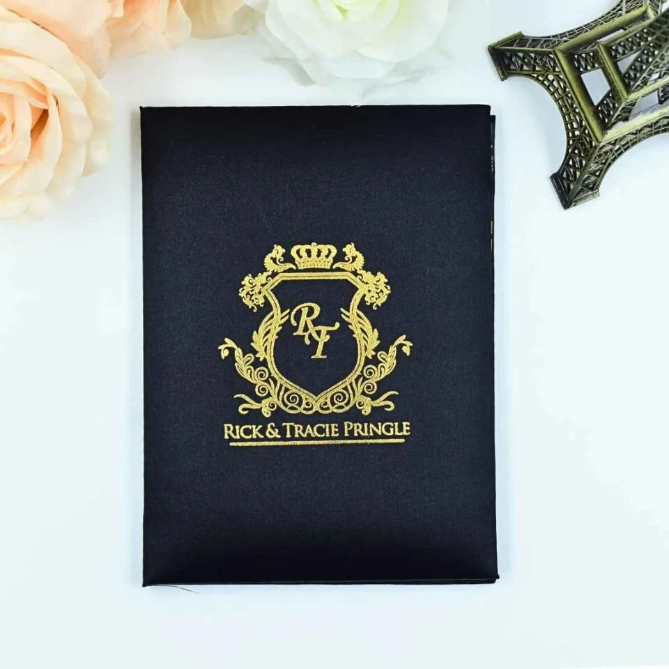 Black Satin Wedding Invitation Folio: Custom Monogram & Acrylic Invite