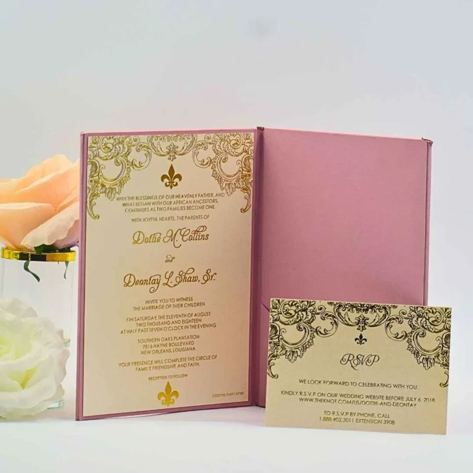 Blush Pink Pocket Wedding Invitation Folio: Custom Gold Foil Monogram