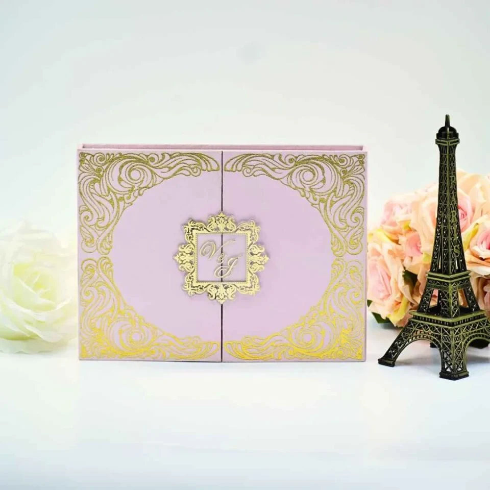 Blush Pink Satin Wedding Invitation Box with Custom Foil Monogram