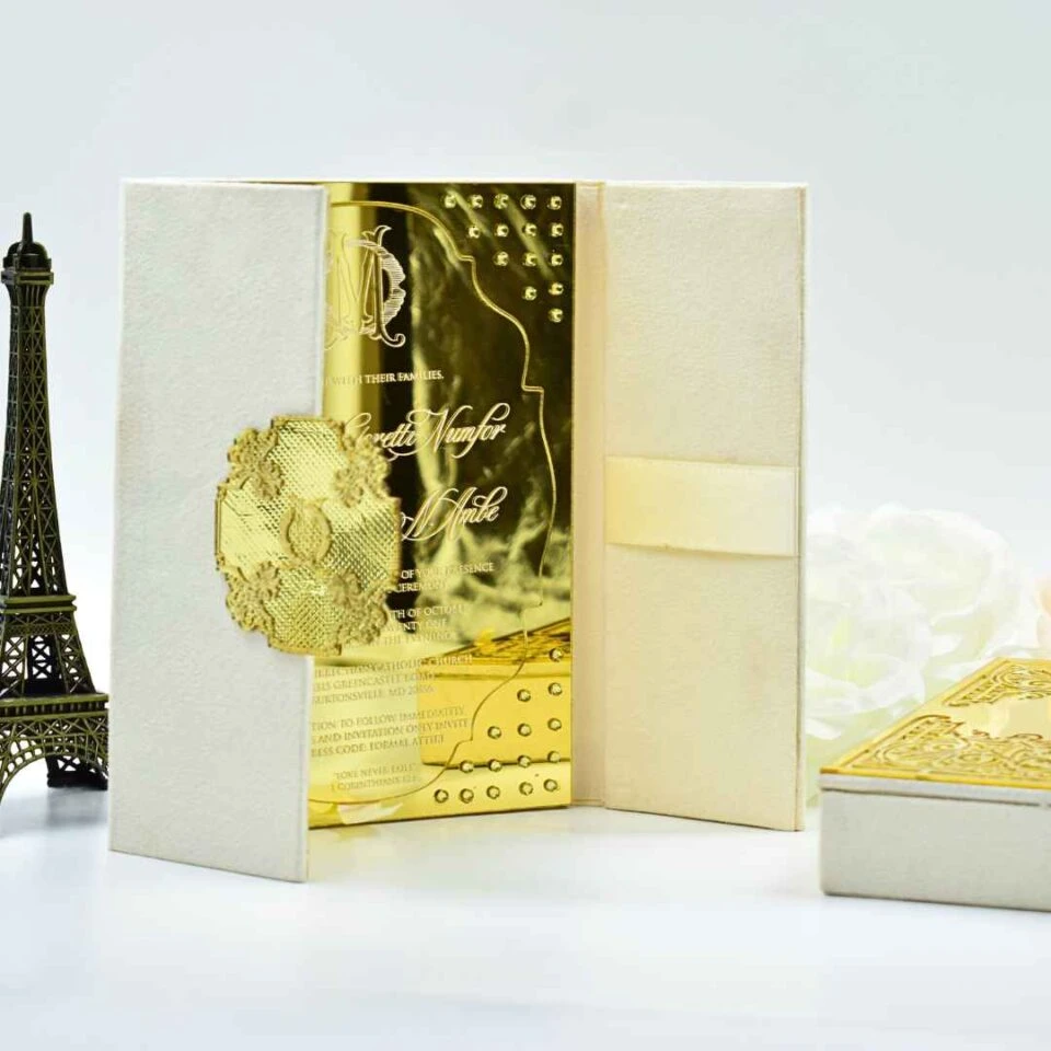 Gold Velvet Wedding Invitation Box: Mirror Acrylic Invite