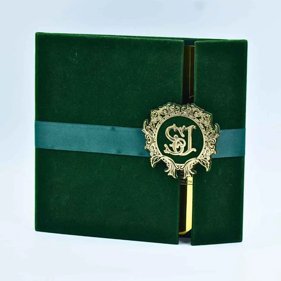 Green Velvet Wedding Invitation Folio - Custom Acrylic Monogram