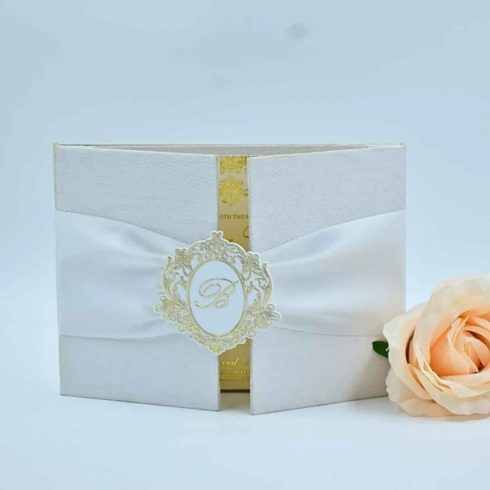 Beautiful White Silk Wedding Invitation Folio: Custom Wedding Monogram