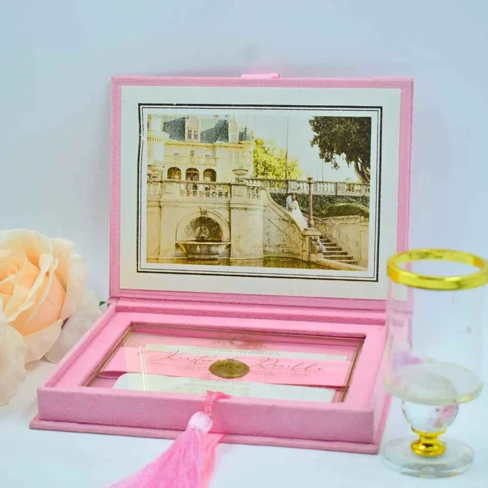 Blush Pink Velvet Wedding Invitation Box with Clear Acrylic Invite