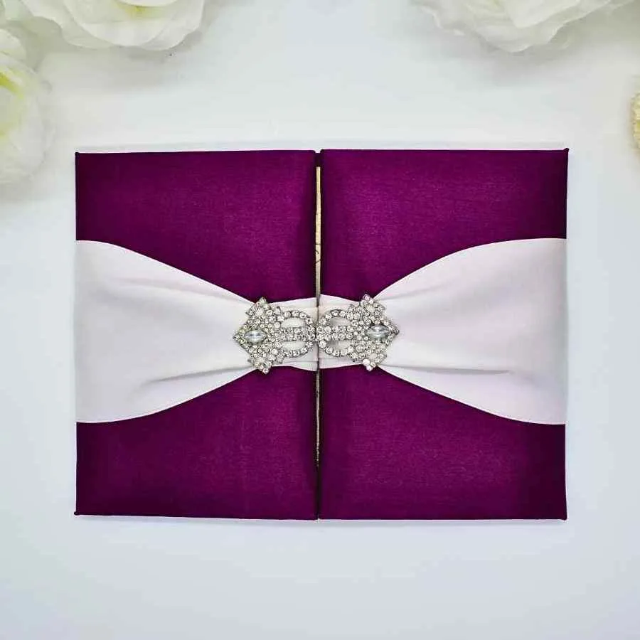 Burgundy Satin Wedding Invitation Folio With Crystal Rhinestone Brooch