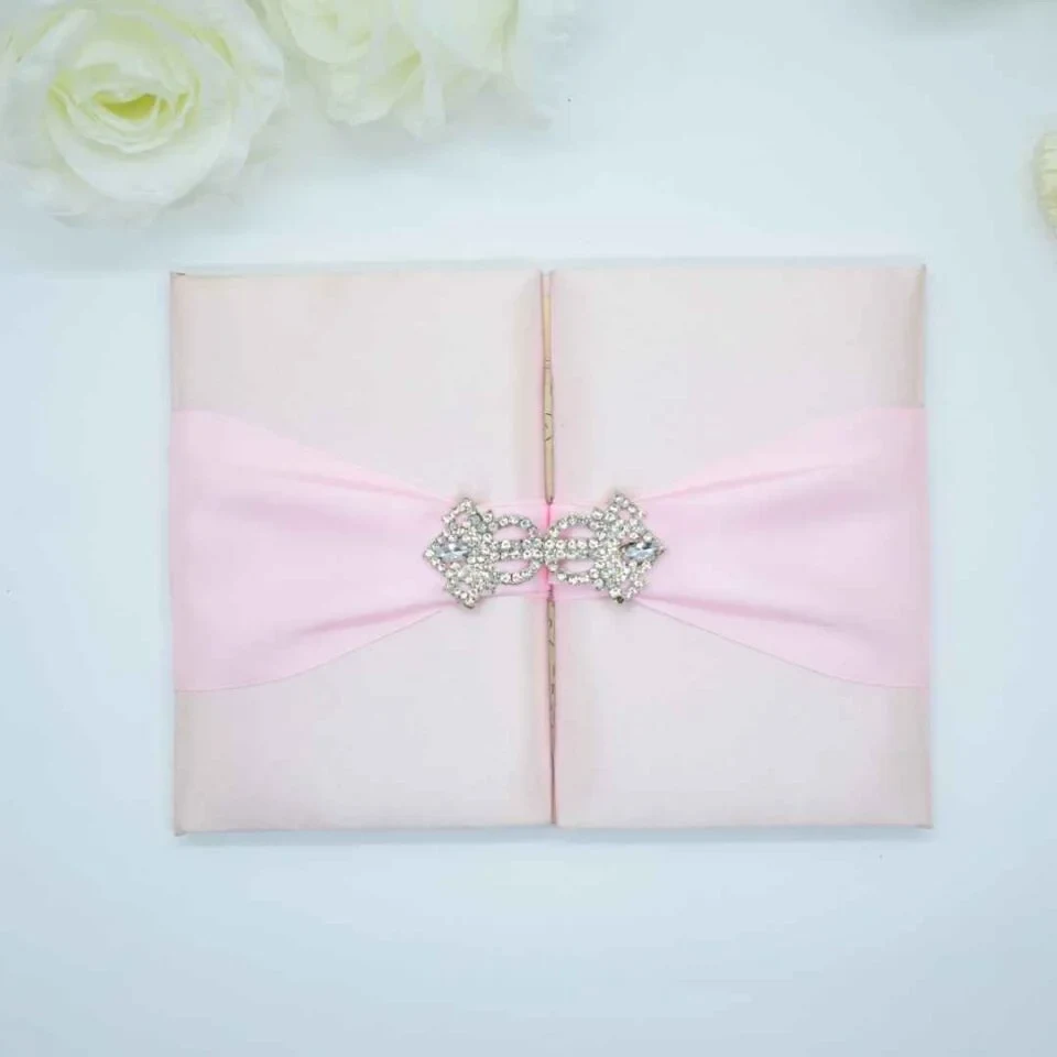 Embellished Blush Silk Wedding Invitation Folio With Crystal Rhinestone Brooch