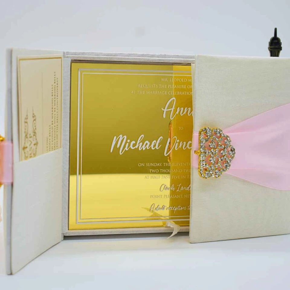 Ivory Silk Wedding Invitation Box with Mirror Acrylic Invite