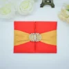 Red Silk Wedding Invitation Folio with Gold Ribbon & Crystal Brooch (1)