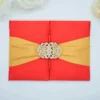 Red Silk Wedding Invitation Folio with Gold Ribbon & Crystal Brooch (2)