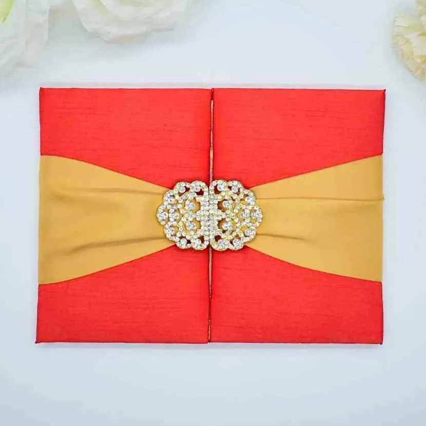 Red Silk Wedding Invitation Folio with Gold Ribbon & Crystal Brooch