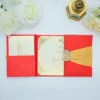 Red Silk Wedding Invitation Folio with Gold Ribbon & Crystal Brooch (3)