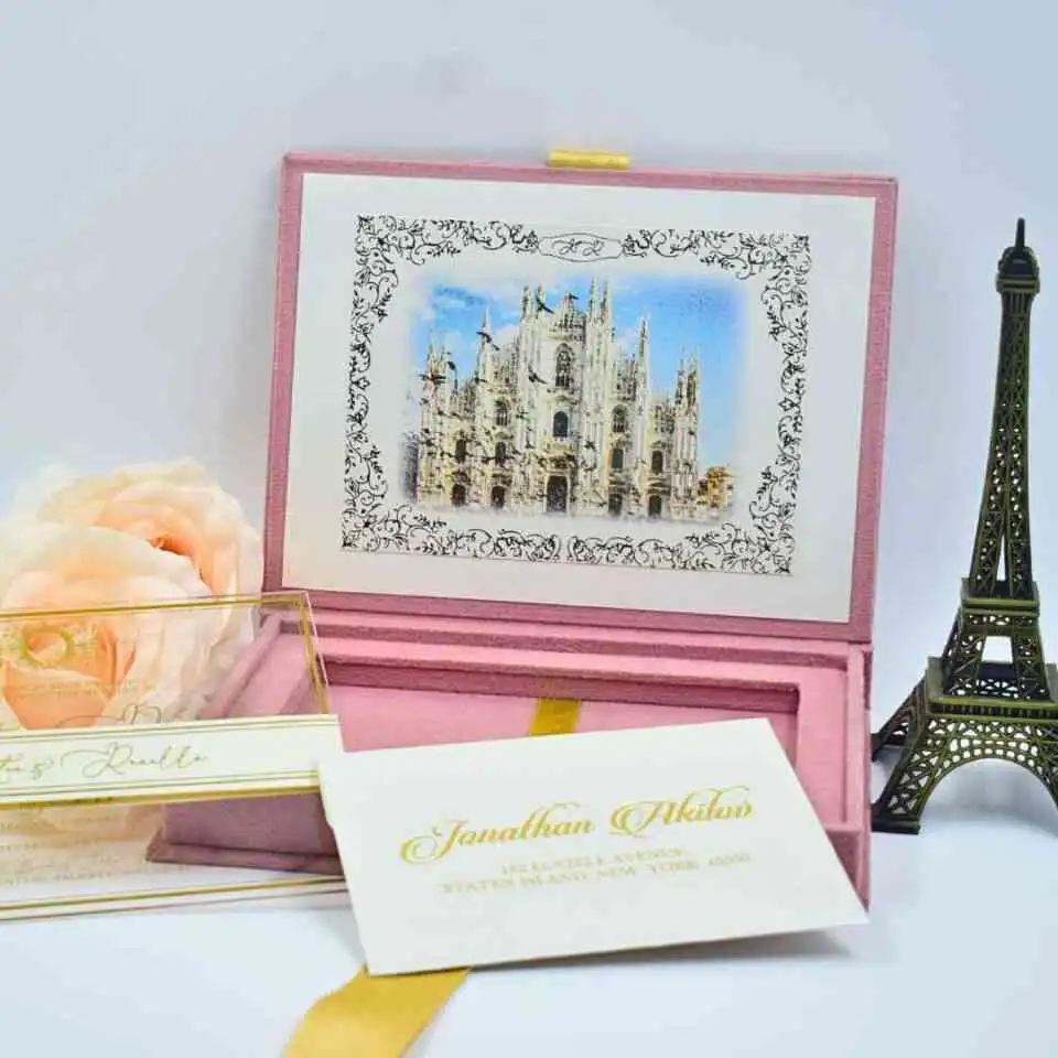 Rose Gold Velvet Wedding Invitation Box with Custom Gold Foil Monogram (2)