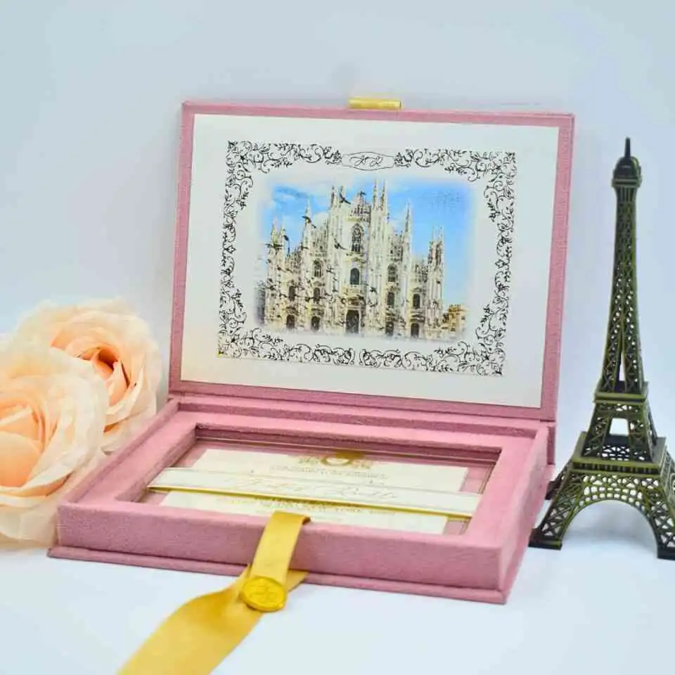 Rose Gold Velvet Wedding Invitation Box with Custom Gold Foil Monogram