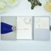 Silver Silk Wedding Invitation Folio with Navy Blue Ribbon & Crystal Brooch (1)