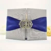 Silver Silk Wedding Invitation Folio with Navy Blue Ribbon & Crystal Brooch (2)