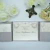 Silver Silk Wedding Invitation Folio with Navy Blue Ribbon & Crystal Brooch (3)