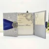 Silver Silk Wedding Invitation Folio with Navy Blue Ribbon & Crystal Brooch (4)