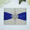 Silver Silk Wedding Invitation Folio with Navy Blue Ribbon & Crystal Brooch (5)