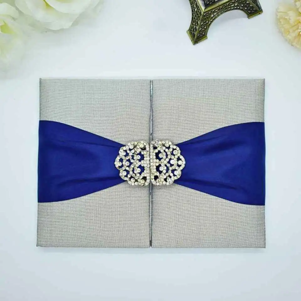 Silver Silk Wedding Invitation Folio with Navy Blue Ribbon & Crystal Brooch