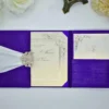 Violet Silk Wedding Invitation Folio with White Ribbon & Crystal Brooch (2)
