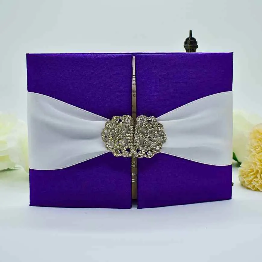 Violet Silk Wedding Invitation Folio with White Ribbon & Crystal Brooch