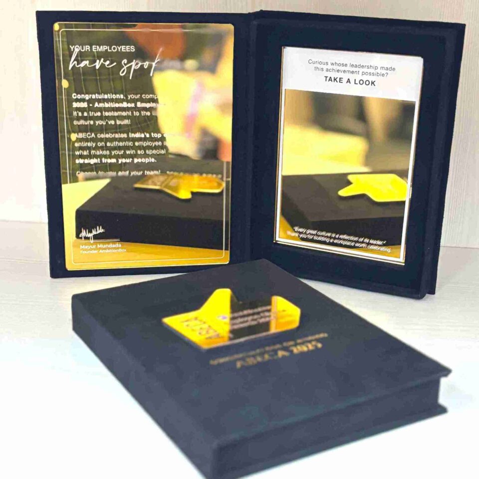 Custom Luxury Velvet Award Box with Gold Mirror Acrylic Plaque • Employee Excellence Awards for Corporate Gala