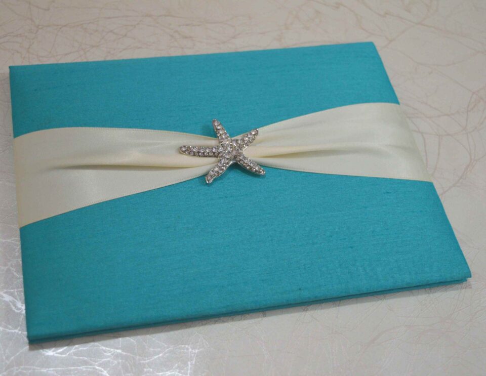 Embellished Green Silk Wedding Invitation Folio with Starfish Brooch