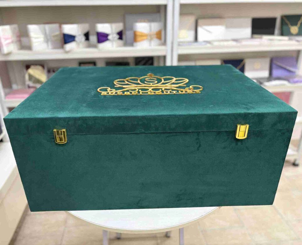 Emerald Green Velvet Bridal Lehenga Box with Gold Mirror Monogram