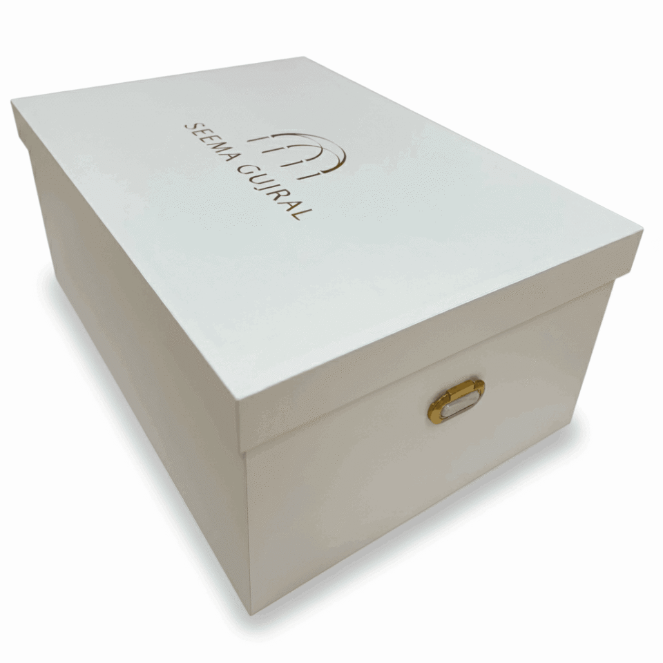 White Shimmer Bridal Lehenga Box with Gold Foil Branding