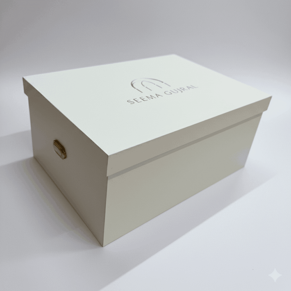Luxury bridal lehenga box crafted from 7mm MDF featuring a white pearl shimmer finish, custom gold foil branding for a fashion designer, and premium side handles for couture trousseau packaging.
