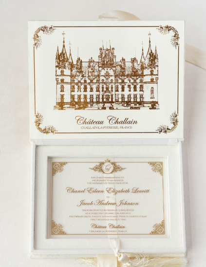 chateau challain wedding invitations made from Ivory velvet with gold foil crown monogram and satin tassel by Duallush Designs