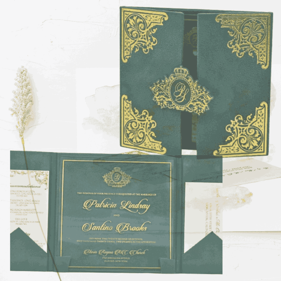 velvet wedding invitation gate-fold folio with clear acrylic invite