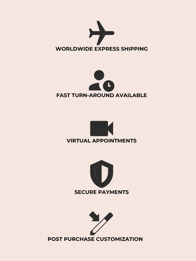 trust bar with following text; WORLDWIDE EXPRESS SHIPPING FAST TURN-AROUND AVAILABLE VIRTUAL APPOINTMENTS SECURE PAYMENTS POST PURCHASE CUSTOMIZATION