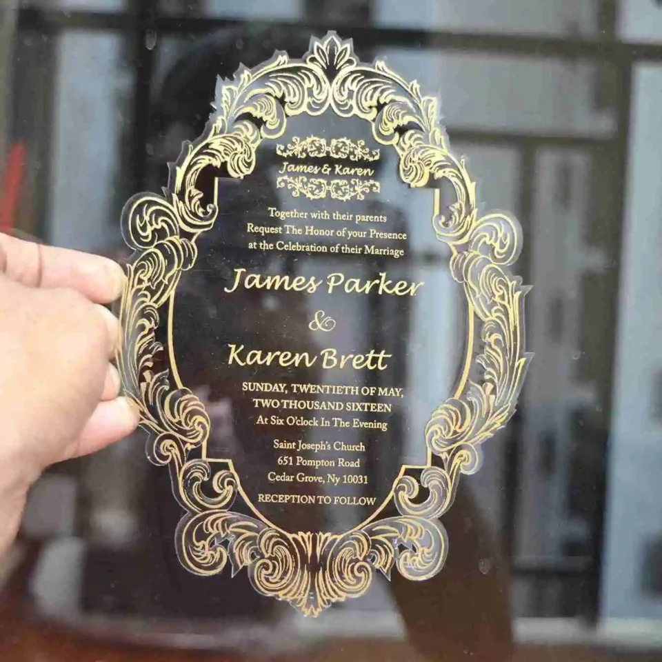 Clear Acrylic Wedding Invitation with Gold Foil Baroque Border