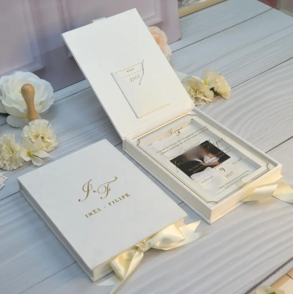 Luxury Ivory Velvet Wedding Invitation Box: Clear Acrylic Invite with Personalized Photo and Monogram